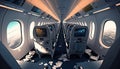 Mess in plane aisle after strong turbulence scattered personal belongings food between rows of seats