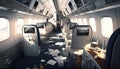 Mess in plane aisle after strong turbulence scattered personal belongings food between rows of seats