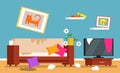 The mess in the room, dirty interior of the living room. cleaning concept for a cleaning company. flat vector