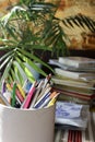 a mess on a schoolboy's desk from books, pencils and notebooks, school supplies Royalty Free Stock Photo