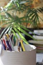 a mess on a schoolboy's desk from books, pencils and notebooks, school supplies Royalty Free Stock Photo