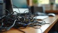 Mess of tangled black computer cables, cords on desk illustrates common problem cable management in modern workspaces. Clutter on Royalty Free Stock Photo
