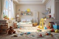 A mess with toys scattered on the floor, the interior of a children\'s room