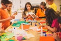 Mess on wooden table while creative workshop