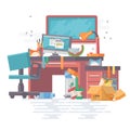 Mess work office with mess and modern gadgets, computer, pc, files, board, table, chair. Modern flat vector style.
