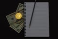 Mess on your desktop. Calculator, notebook, documents, Bitcoin, USD, paper money, office supplies