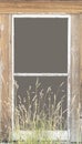 Message board space framed with old wood window and grass below. Royalty Free Stock Photo