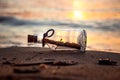 Message in the bottle against the Sun setting down Royalty Free Stock Photo