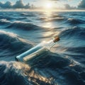 Message in a bottle bobs on the wild blue ocean Royalty Free Stock Photo