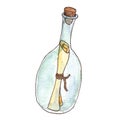 Message in bottle drawing watercolor illustration.A separate element of the pirate set isolated on a white background.