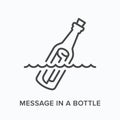 Message in a bottle flat line icon. Vector outline illustration of floating paper scroll. Teasury hunt thin linear Royalty Free Stock Photo