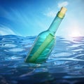 Message in a bottle floating on sea level. 3D illustration Royalty Free Stock Photo