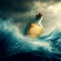 message in a bottle on a rough ocean wave Royalty Free Stock Photo