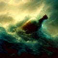 message in a bottle on a rough ocean wave Royalty Free Stock Photo