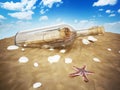 Message in a bottle standing on the beach sand. 3D illustration