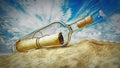 Message in a bottle standing on the beach sand. 3D illustration