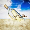 Message in a bottle standing on the beach sand. 3D illustration