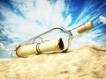 Message in a bottle standing on the beach sand. 3D illustration