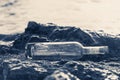 Message in a bottle on a stone covered with seaweed Royalty Free Stock Photo