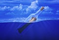 Message in bottle. Wine bottle corked with paper letter in ocean. Symbol of rescue signal Royalty Free Stock Photo