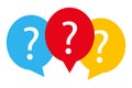 Message box question mark icon. Blue, red and yellow talk bublles symbol. Sign think chat vector Royalty Free Stock Photo