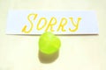 Message card note sorry small green caramel heart shaped lollipop Royalty Free Stock Photo