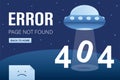 Message 404 error page not found. Aliens rocket in trendy blue colors. Funny webpage or landing page template