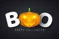 Message for Halloween boo. Festive poster. Glowing yellow eyes. Happy holiday. Cartoon pumpkin with angry smile. Cover for your de Royalty Free Stock Photo