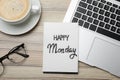 Message Happy Monday written in notebook, laptop and cup of coffee on wooden desk, flat lay Royalty Free Stock Photo