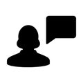 Message icon vector female person profile avatar with speech bubble symbol for discussion and information in flat color Royalty Free Stock Photo