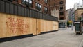 A message left on a boarded up storefront in Manhattan