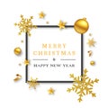 Message Merry Chrismas & Happy New Year in a frame surrounded by golden snowflakes and baubles