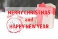 Message MERRY CHRISTMAS AND HAPPY NEW YEAR with red alarm clock and gift boxes on snow outdoors.