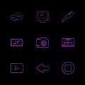 message , monitor , cutter , battery , click , casette , play ,youtube , left ,arrow , stop , eps icons set vector