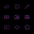 message , monitor , cutter , battery , click , casette , play ,youtube , left ,arrow , stop , eps icons set vector