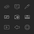 message , monitor , cutter , battery , click , casette , play ,youtube , left ,arrow , stop , eps icons set vector