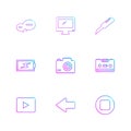 message , monitor , cutter , battery , click , casette , play ,youtube , left ,arrow , stop , eps icons set vector