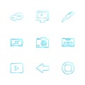 message , monitor , cutter , battery , click , casette , play ,youtube , left ,arrow , stop , eps icons set vector