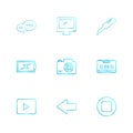 message , monitor , cutter , battery , click , casette , play ,youtube , left ,arrow , stop , eps icons set vector Royalty Free Stock Photo