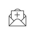 Message with plus line icon, outline vector sign, linear style pictogram isolated on white.