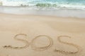Message SOS drawn on sand near sea, above view Royalty Free Stock Photo