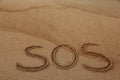 Message SOS drawn on sandy beach, space for text Royalty Free Stock Photo