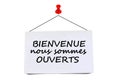 Pinned card on white background with we are open written in french