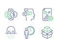 Messages, Bitcoin exchange and Waiting icons set. Report, Face recognition and Packing boxes signs. Vector