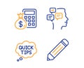 Messages, Quick tips and Finance calculator icons set. Pencil sign. Vector