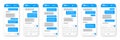 Messaging app design, user interface. SMS text frame. Conversation chat screen with blue message bubbles and placeholder