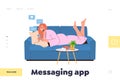 Messaging app landing page with young woman using smartphone touching screen online chatting Royalty Free Stock Photo