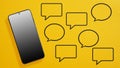 Messaging, texting and connection concept are shown by smartphone on yellow background with text bubbles Royalty Free Stock Photo