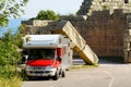 Messene, Greece 22 September 2018 A camper parked near the Arcadia Gate on the road to ancient Messene, Peloponnese