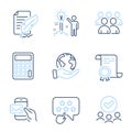 Messenger mail, Feather signature and Calculator icons set. Creative idea, Ranking star and Group signs. Vector